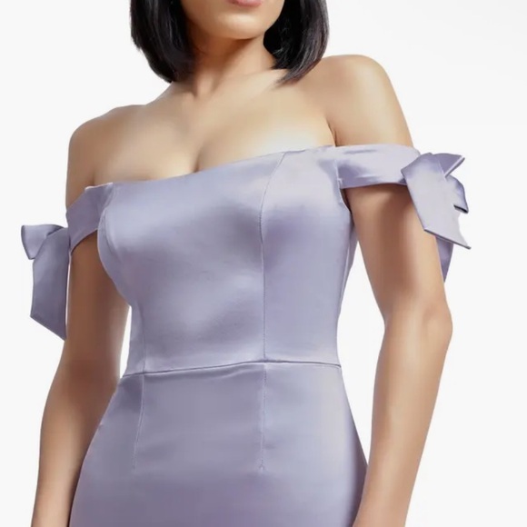 Dress The Population Verona Off the Shoulder Satin Midi Cocktail Dress Large - Picture 3 of 13